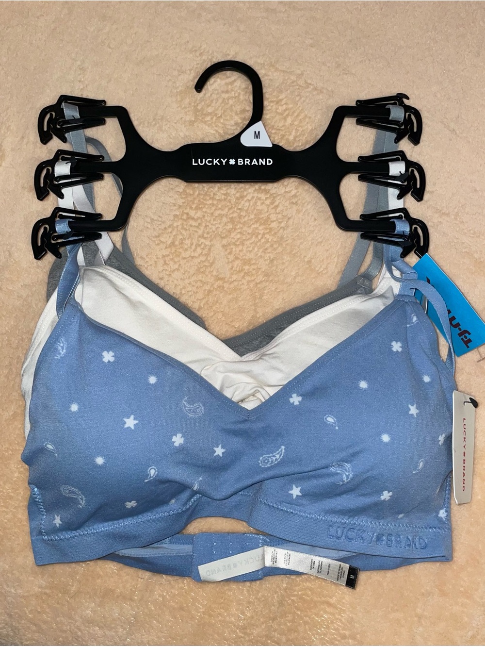 Lucky Brand Light Blue, Cream and Gray Wireless Bralette 3-Pack